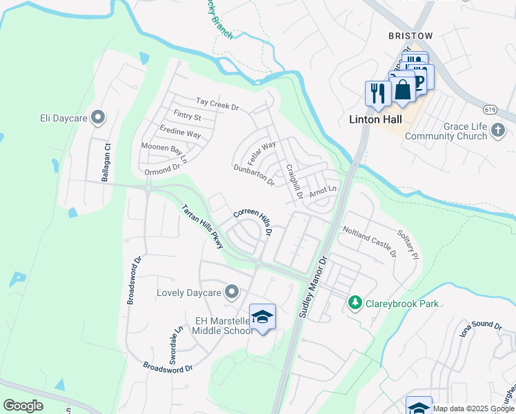 map of restaurants, bars, coffee shops, grocery stores, and more near 12904 Correen Hills Drive in Bristow