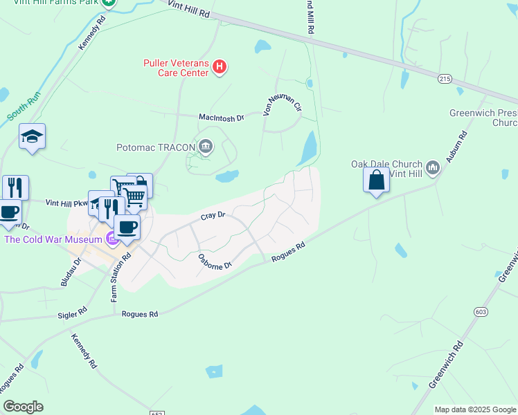 map of restaurants, bars, coffee shops, grocery stores, and more near 4020 Wilkes Court in Warrenton