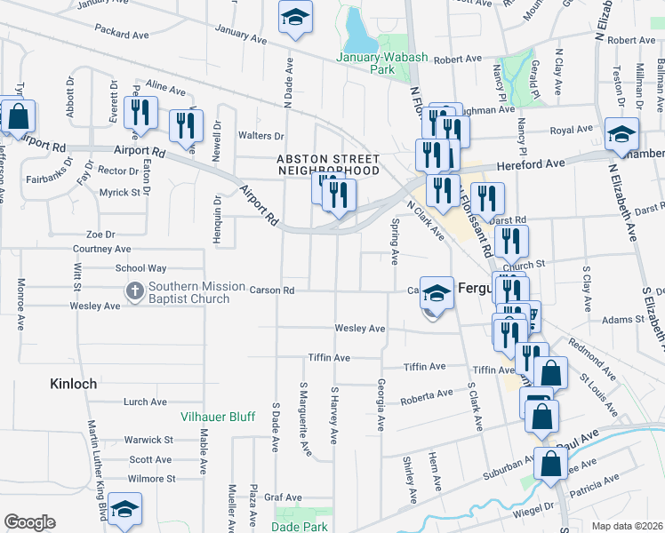 map of restaurants, bars, coffee shops, grocery stores, and more near 24 North Marguerite Avenue in Ferguson