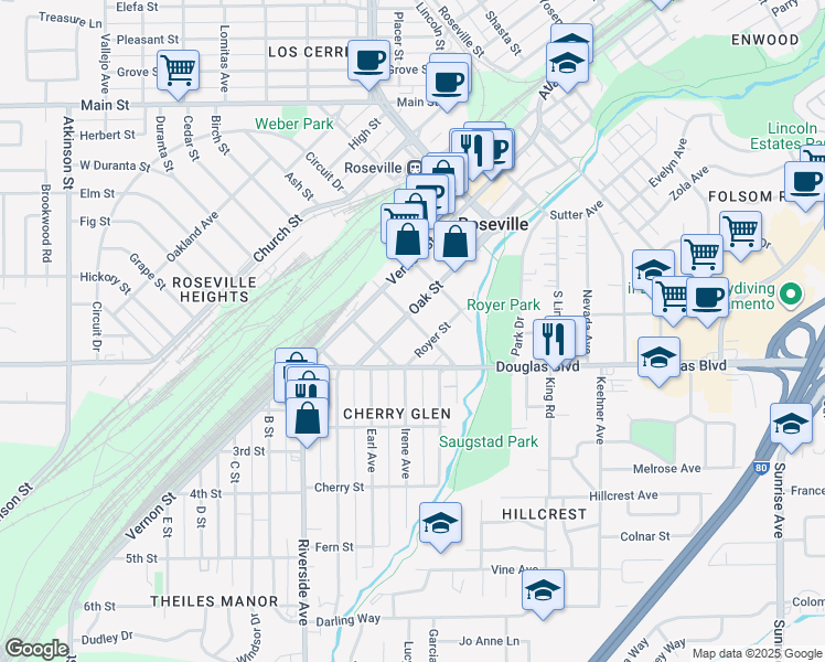 map of restaurants, bars, coffee shops, grocery stores, and more near 615A Oak Street in Roseville