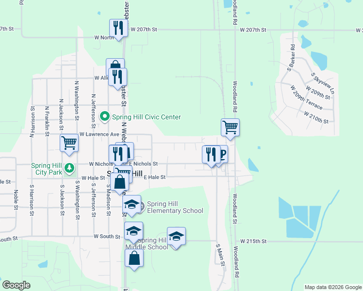 map of restaurants, bars, coffee shops, grocery stores, and more near 301 East Wilson Street in Spring Hill