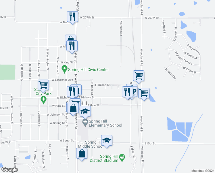 map of restaurants, bars, coffee shops, grocery stores, and more near 301 East Wilson Street in Spring Hill