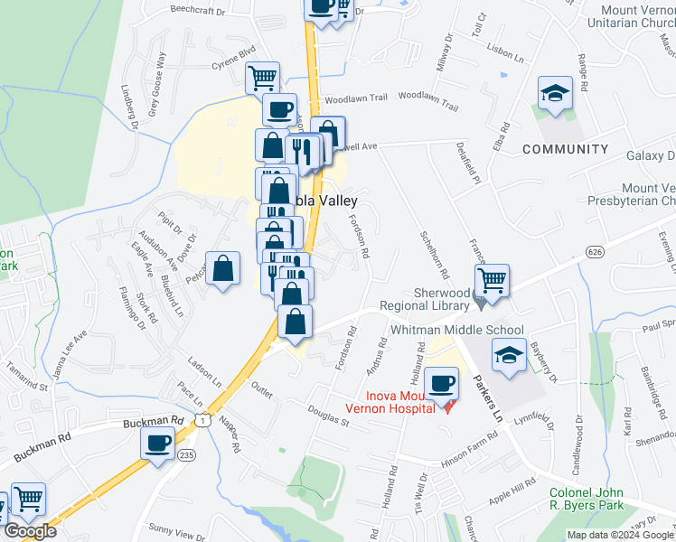 map of restaurants, bars, coffee shops, grocery stores, and more near 7827 Colonial Springs Boulevard in Alexandria