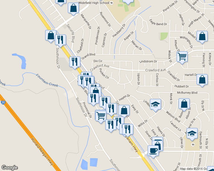 map of restaurants, bars, coffee shops, grocery stores, and more near 105 Zuni Drive in Colorado Springs