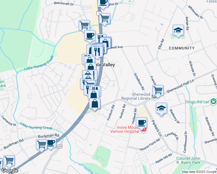 map of restaurants, bars, coffee shops, grocery stores, and more near 7827 Colonial Springs Boulevard in Alexandria