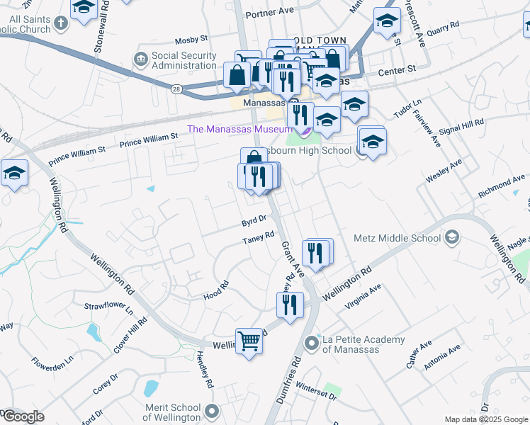 map of restaurants, bars, coffee shops, grocery stores, and more near 9200 Byrd Drive in Manassas