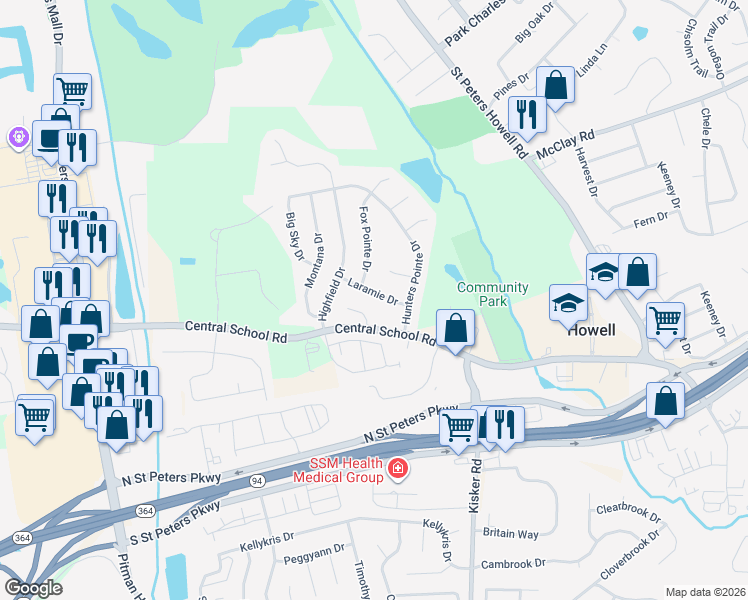 map of restaurants, bars, coffee shops, grocery stores, and more near 316 Laramie Drive in Saint Charles