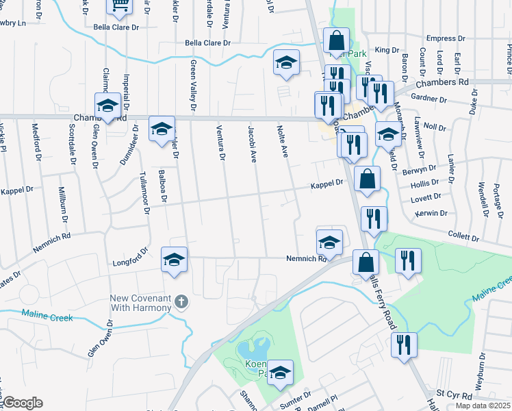 map of restaurants, bars, coffee shops, grocery stores, and more near 9751 Jacobi Drive in St. Louis