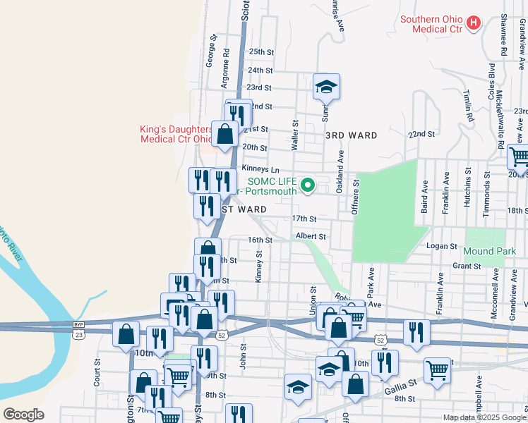 map of restaurants, bars, coffee shops, grocery stores, and more near 1053 17th Street in Portsmouth