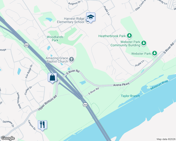 map of restaurants, bars, coffee shops, grocery stores, and more near 2700 Arena Parkway in Saint Charles