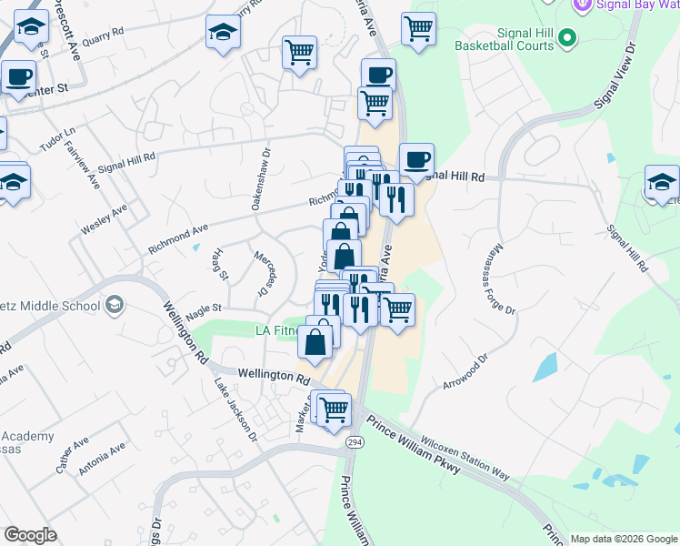 map of restaurants, bars, coffee shops, grocery stores, and more near 9820 Liberia Avenue in Manassas