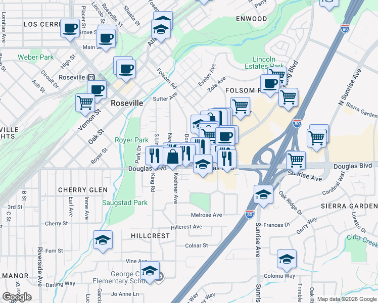 map of restaurants, bars, coffee shops, grocery stores, and more near 213 Donner Avenue in Roseville