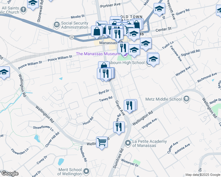 map of restaurants, bars, coffee shops, grocery stores, and more near 9664 Grant Avenue in Manassas