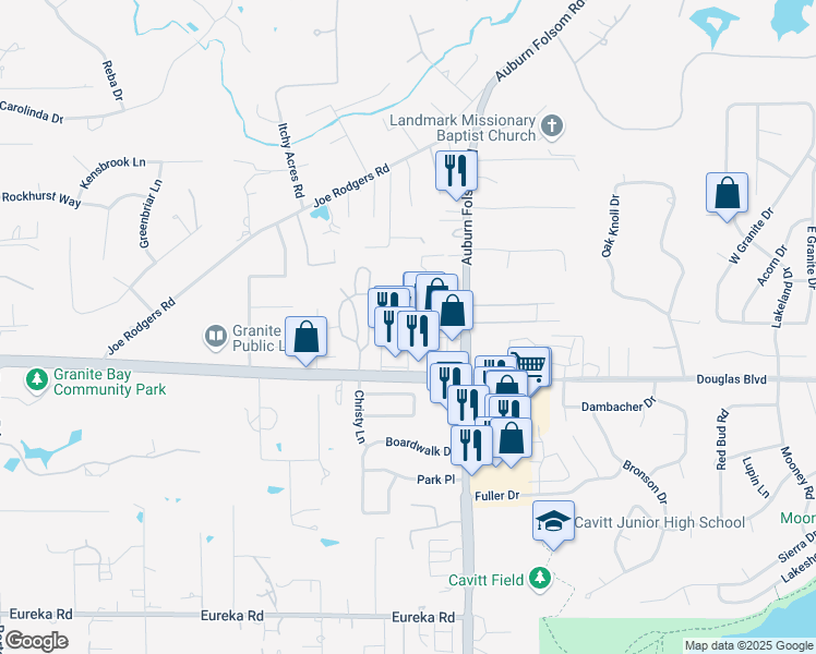 map of restaurants, bars, coffee shops, grocery stores, and more near 6861 Douglas Boulevard in Granite Bay