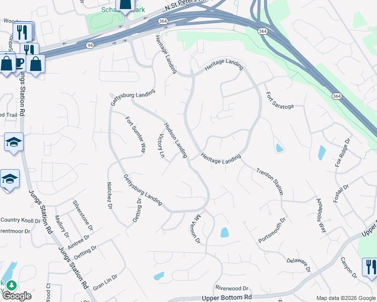 map of restaurants, bars, coffee shops, grocery stores, and more near 1500 Hudson Landing in Saint Charles