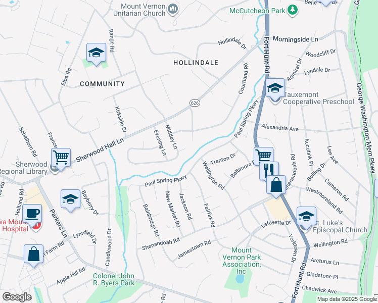 map of restaurants, bars, coffee shops, grocery stores, and more near 1907 Shannon Court in Alexandria