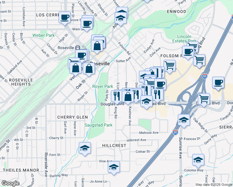 map of restaurants, bars, coffee shops, grocery stores, and more near 188 South Lincoln Street in Roseville