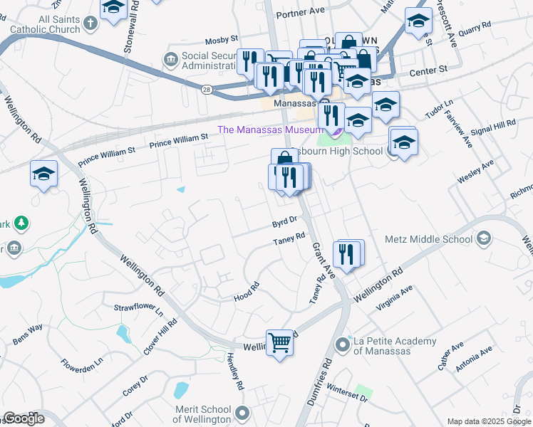 map of restaurants, bars, coffee shops, grocery stores, and more near 9714 Aspen Place in Manassas