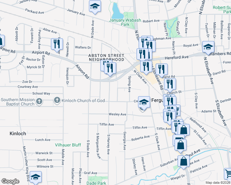 map of restaurants, bars, coffee shops, grocery stores, and more near 29 Beacon Avenue in Ferguson