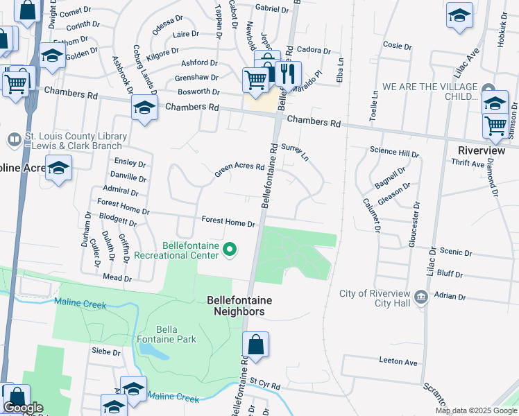 map of restaurants, bars, coffee shops, grocery stores, and more near in Bellefontaine Neighbors