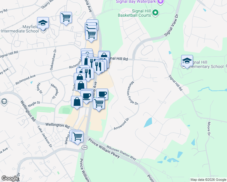 map of restaurants, bars, coffee shops, grocery stores, and more near 9646 Janet Rose Court in Manassas