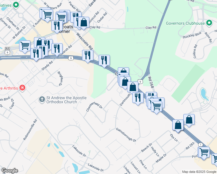 map of restaurants, bars, coffee shops, grocery stores, and more near 2378 Savannah West Square in Lewes