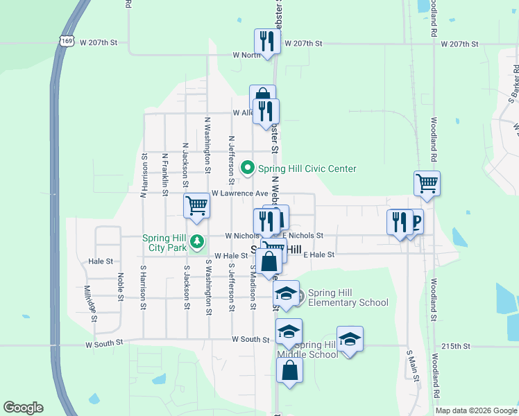 map of restaurants, bars, coffee shops, grocery stores, and more near 204 North Madison Street in Spring Hill