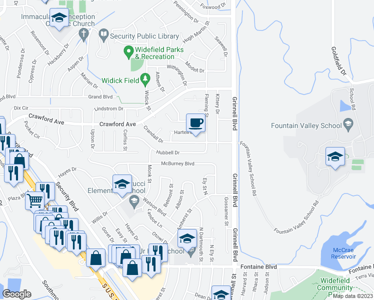 map of restaurants, bars, coffee shops, grocery stores, and more near 1020 Hubbell Drive in Colorado Springs