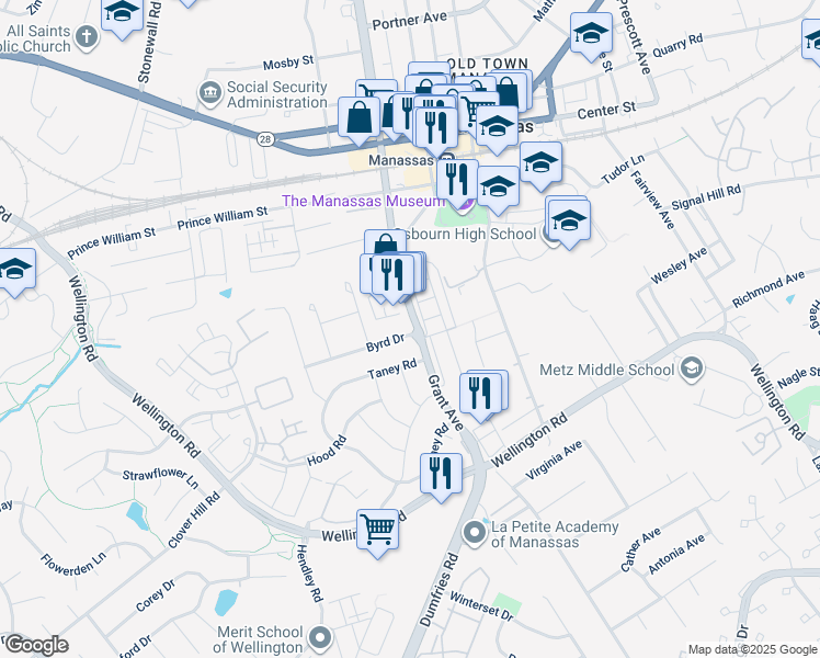 map of restaurants, bars, coffee shops, grocery stores, and more near 9664 Grant Avenue in Manassas