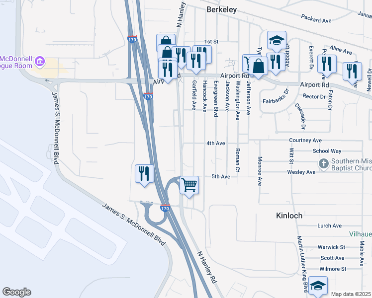 map of restaurants, bars, coffee shops, grocery stores, and more near 5952 Madison Avenue in St. Louis