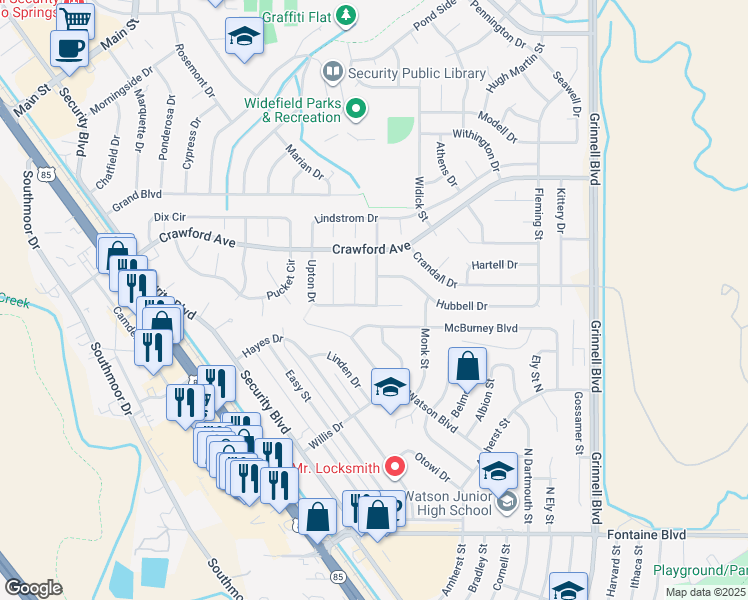map of restaurants, bars, coffee shops, grocery stores, and more near 202 Corliss Street in Colorado Springs