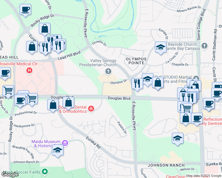 map of restaurants, bars, coffee shops, grocery stores, and more near 2901 Douglas Boulevard in Roseville