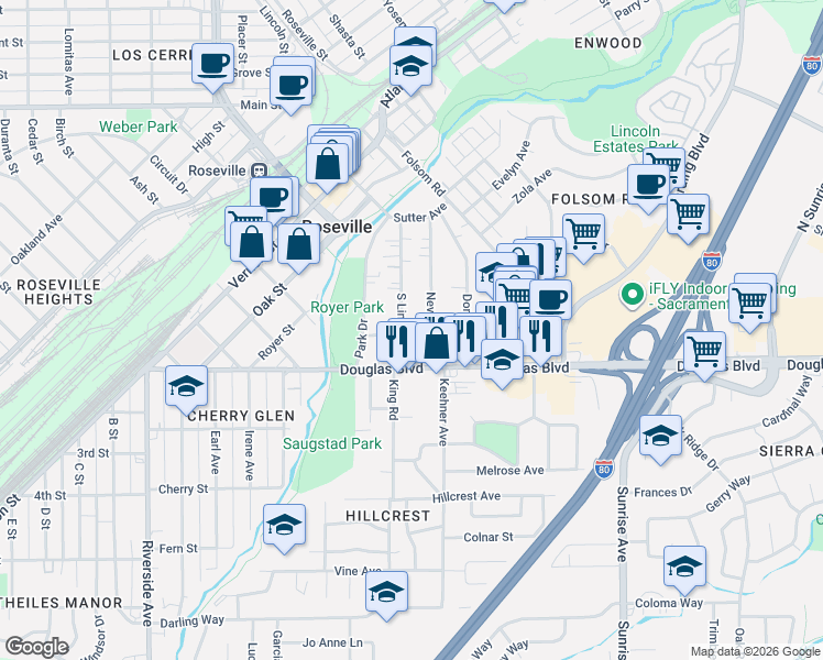 map of restaurants, bars, coffee shops, grocery stores, and more near 188 South Lincoln Street in Roseville