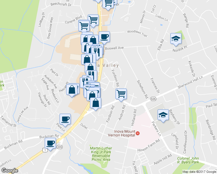 map of restaurants, bars, coffee shops, grocery stores, and more near 7823 Colonial Springs Boulevard in Alexandria