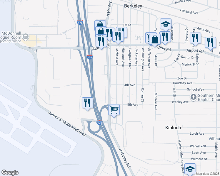 map of restaurants, bars, coffee shops, grocery stores, and more near 5952 Madison Avenue in St. Louis