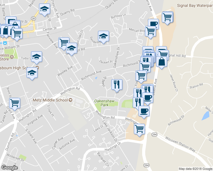 map of restaurants, bars, coffee shops, grocery stores, and more near 8617 Haag Street in Manassas