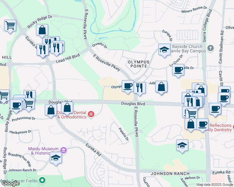 map of restaurants, bars, coffee shops, grocery stores, and more near 2901 Douglas Boulevard in Roseville