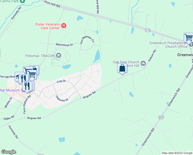 map of restaurants, bars, coffee shops, grocery stores, and more near 6856 Averbach Court in Warrenton