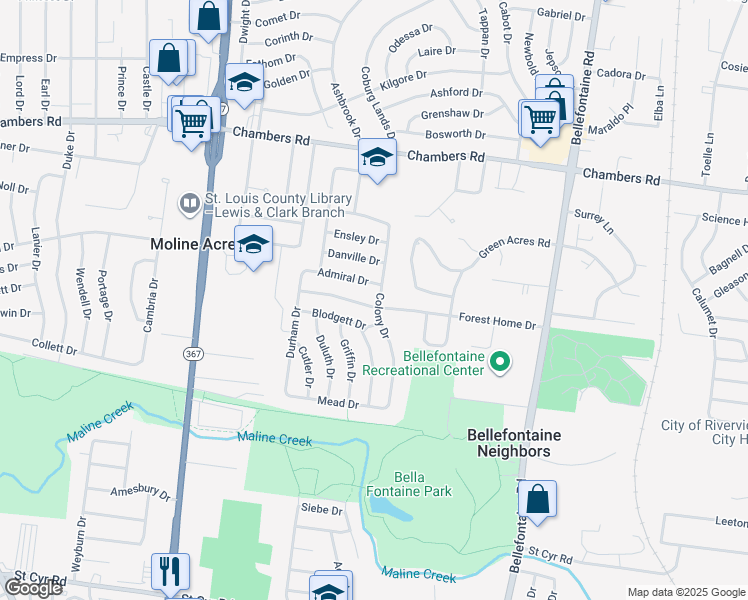 map of restaurants, bars, coffee shops, grocery stores, and more near 9765 Colony Drive in St. Louis