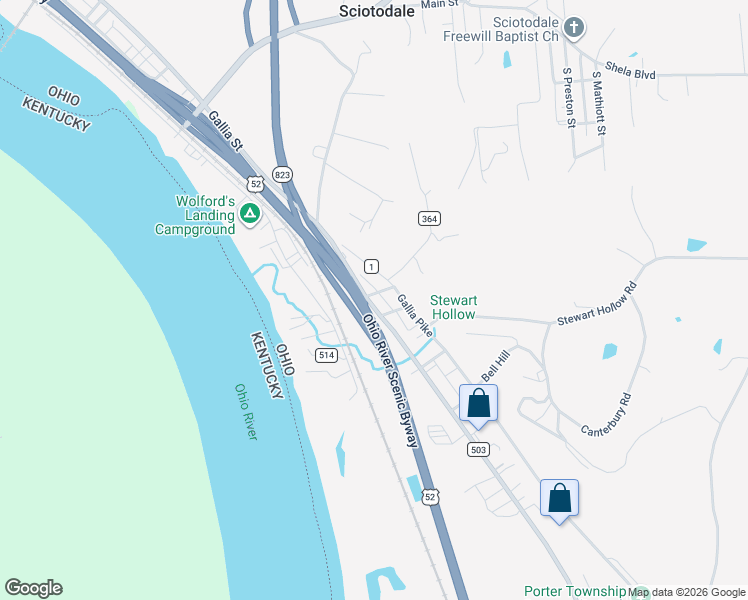 map of restaurants, bars, coffee shops, grocery stores, and more near 7204 Ohio River Road in Sciotodale