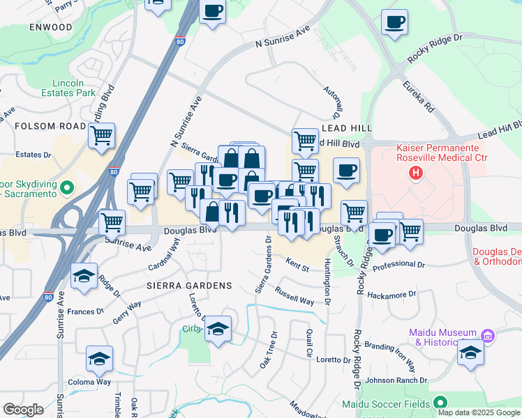 map of restaurants, bars, coffee shops, grocery stores, and more near 1821 Douglas Blvd in Roseville
