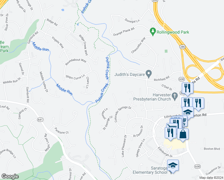 map of restaurants, bars, coffee shops, grocery stores, and more near 7801 Cliffside Court in Springfield