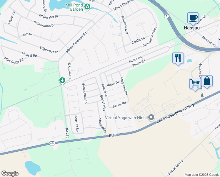 map of restaurants, bars, coffee shops, grocery stores, and more near 31597 Oak Court in Lewes