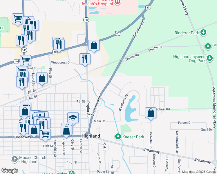 map of restaurants, bars, coffee shops, grocery stores, and more near 90 Trout Drive in Highland