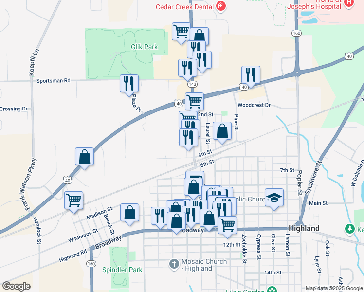 map of restaurants, bars, coffee shops, grocery stores, and more near 710 4th Street in Highland