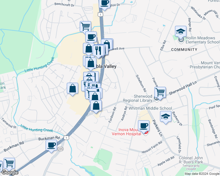 map of restaurants, bars, coffee shops, grocery stores, and more near 7823 Colonial Springs Boulevard in Alexandria