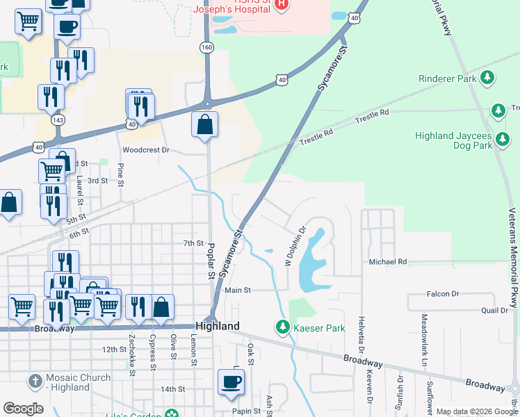 map of restaurants, bars, coffee shops, grocery stores, and more near 90 Trout Drive in Highland