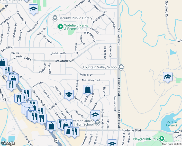 map of restaurants, bars, coffee shops, grocery stores, and more near 960 Hubbell Drive in Colorado Springs