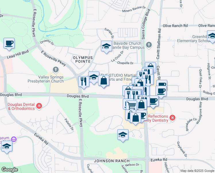 map of restaurants, bars, coffee shops, grocery stores, and more near 3013 Douglas Boulevard in Roseville