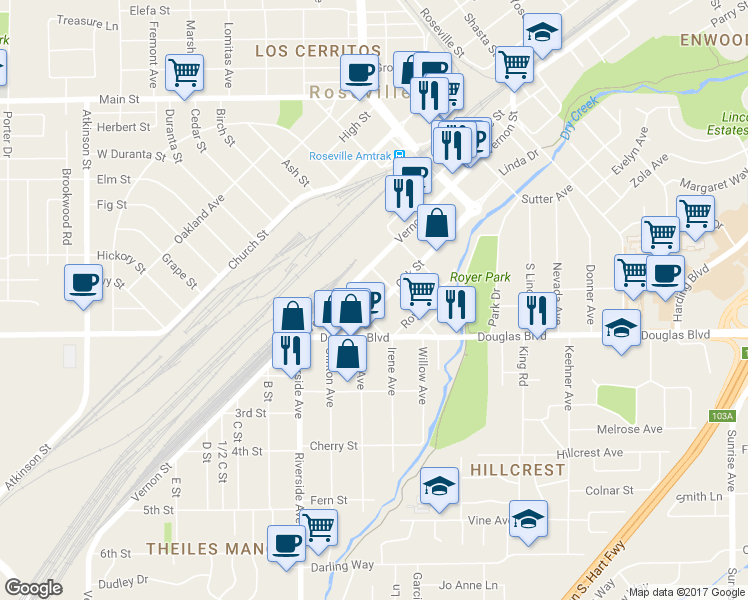 map of restaurants, bars, coffee shops, grocery stores, and more near 616 Oak Street in Roseville